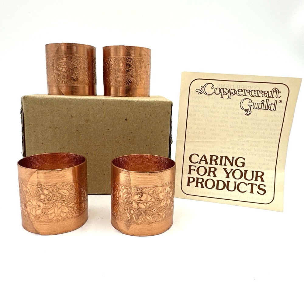Coppercraft Guild Napkin Rings Copper Floral Embossed Set of 4 Boxed